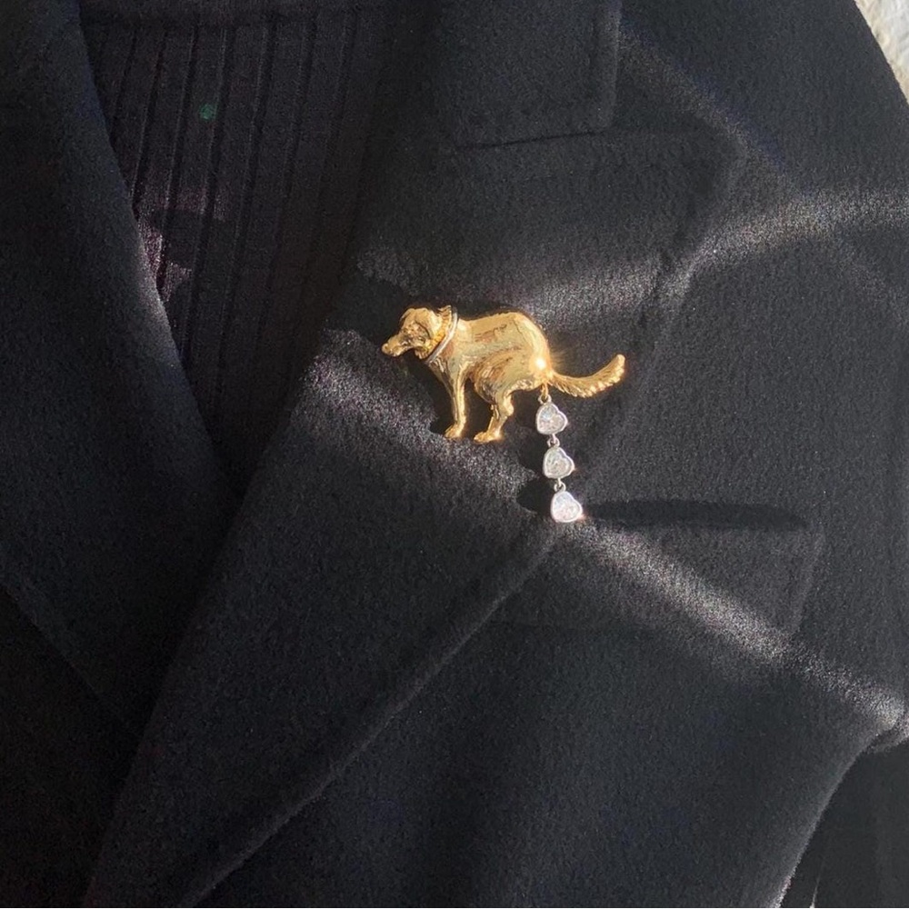Dog Drama Brooch: Gold Pooping Dog Pin - Zircon Accent - Picture 4 of 10